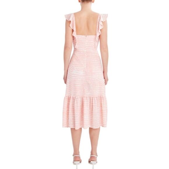 BCBG Paris Peach Pink Ruffle Dot Print Midi Dress Size Medium - Picture 3 of 15